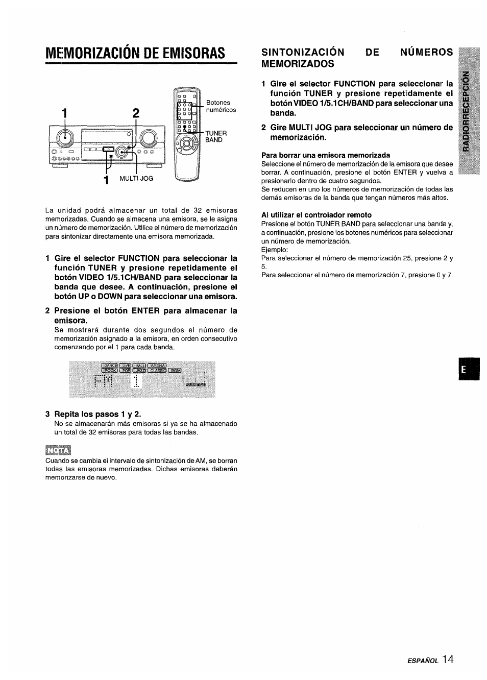 Memorizacion de emisoras, Sintonizacion, Memorizados | Numeros, Para borrar una emisora memorizada, Al utilizar ei controiador remoto, Memorización de emisoras | Aiwa AV-D35 User Manual | Page 35 / 64