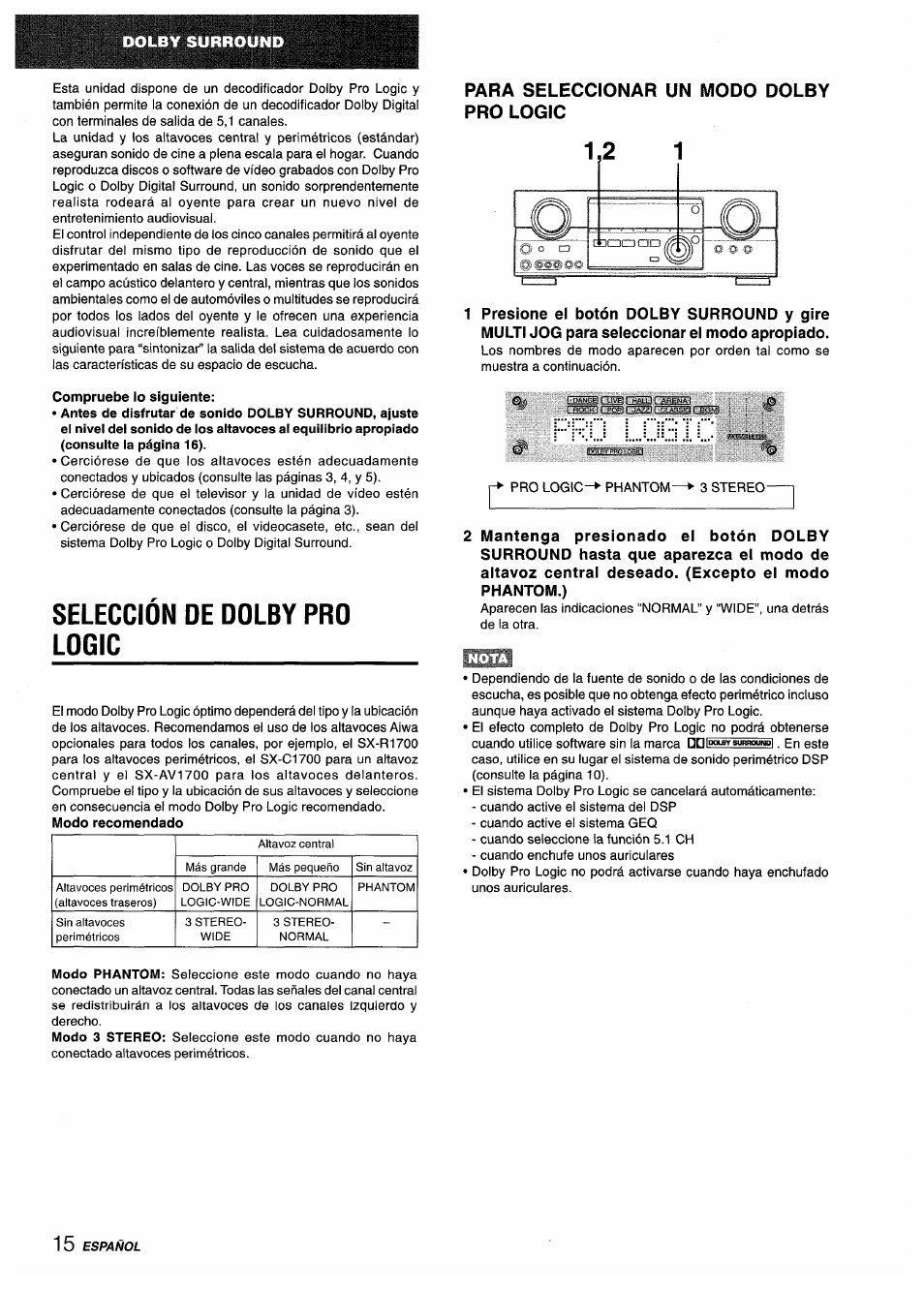 Compruebe lo siguiente, Seleccion de dolby pro logic, Para seleccionar un modo dolby pro logic | Selección de dolby pro logic | Aiwa AV-D35 User Manual | Page 36 / 64