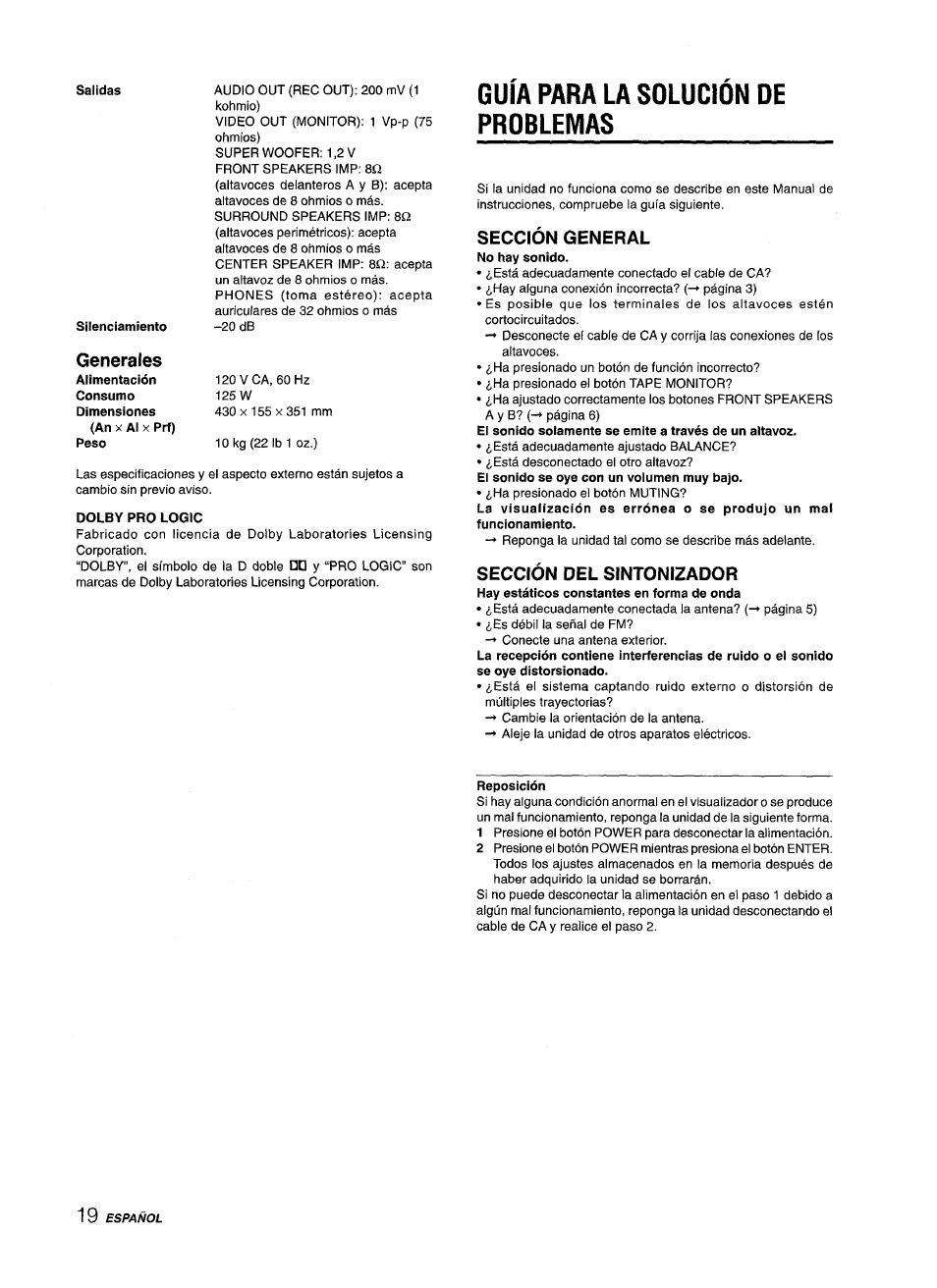 Dolby pro logic, Guía para la solucion oe problemas, Sección general | Sección del sintonizador, Reposición, Guía para la solucion de problemas, Generales | Aiwa AV-D35 User Manual | Page 40 / 64