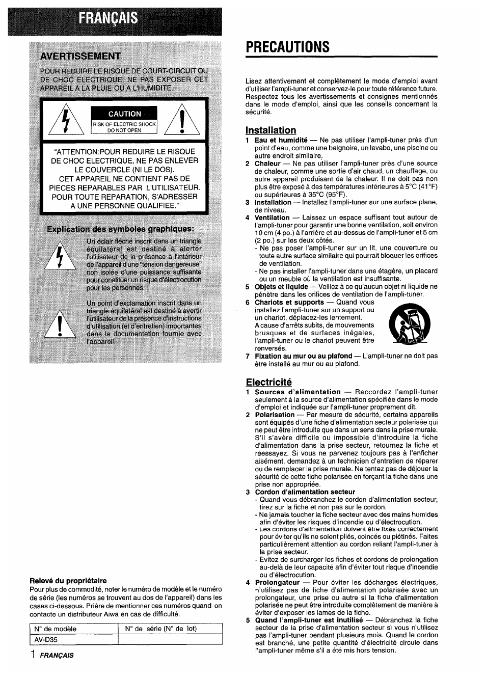 Avertissement, Caution, Explication des symboles graphiques | Precautions, Installation, Relevé du propriétaire, Electricité, 3 cordon d’alimentation secteur | Aiwa AV-D35 User Manual | Page 42 / 64