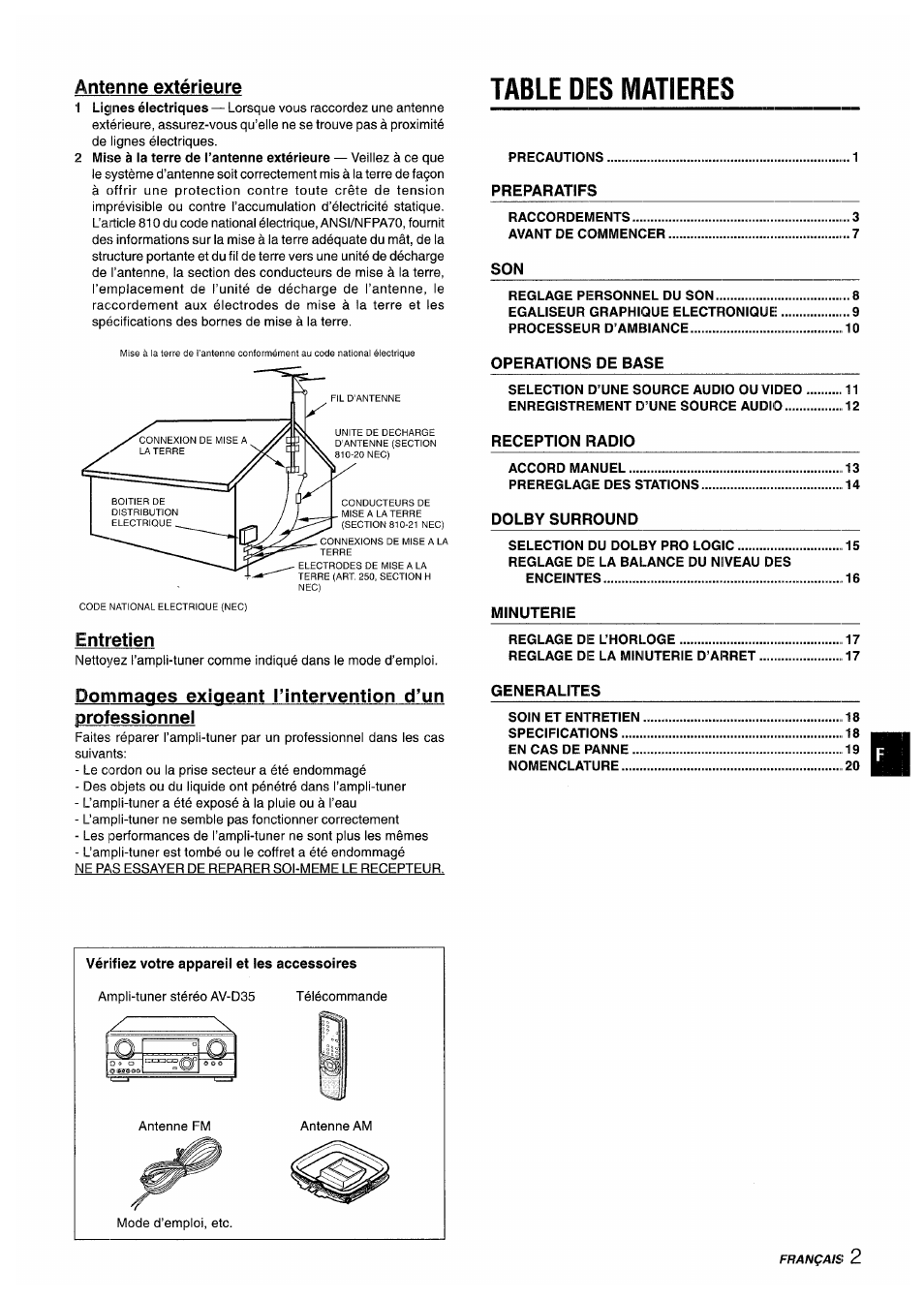 Antenne extérieure, Table des matieres, Entretien | Aiwa AV-D35 User Manual | Page 43 / 64