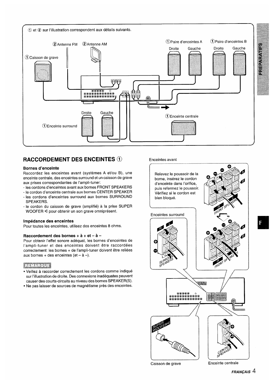 Raccordement des enceintes 0, Bornes d’enceinte, Impédance des enceintes | Raccordement des bornes + à -h et - à, Raccordement des enceintes | Aiwa AV-D35 User Manual | Page 45 / 64