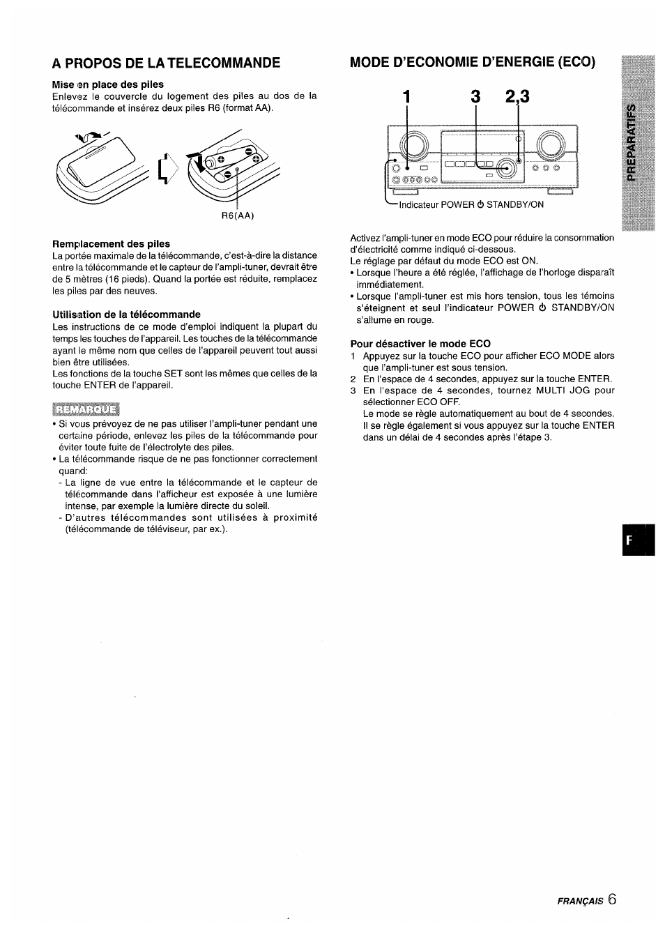 A propos de la telecommande, Mise en place des piles, Remplacement des piles | Utilisation de la télécommande, Mode d’economie d’energie (eco), Pour désactiver le mode eco | Aiwa AV-D35 User Manual | Page 47 / 64