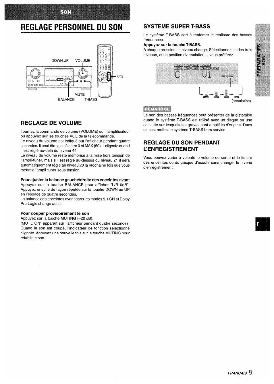 Reglage personnel du son, Reglage de volume, Systeme super t-bass | Reglage du soin! pendant l’enregistrement, Pour couper provisoirement ie son, Reglage de l’horloge | Aiwa AV-D35 User Manual | Page 49 / 64