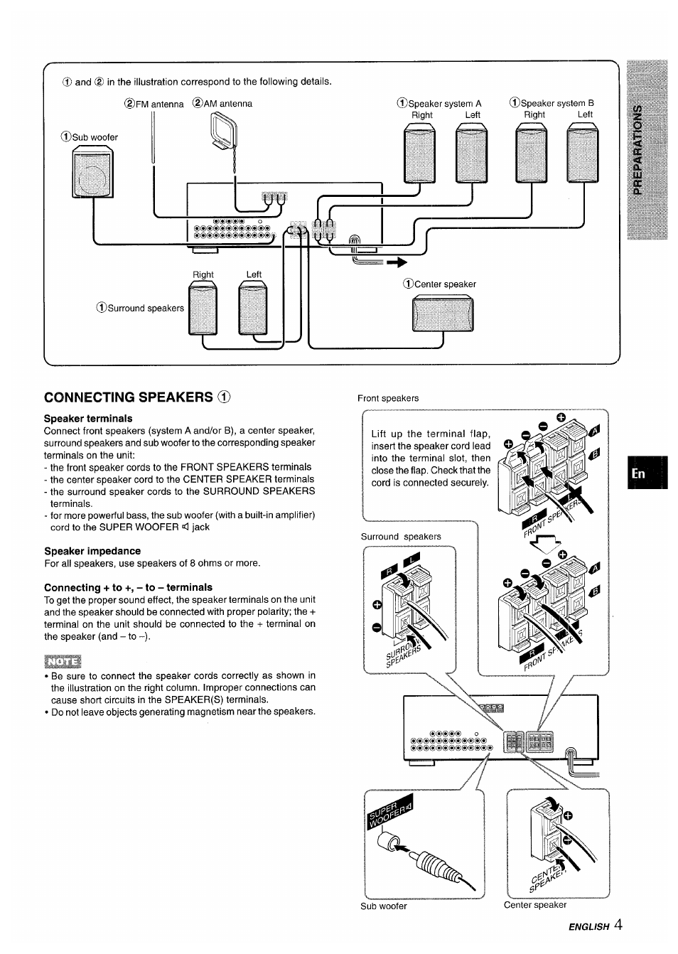 Connecting speakers, Speaker terminals, Speaker impedance | Connecting + to +, - to - terminals | Aiwa AV-D35 User Manual | Page 5 / 64