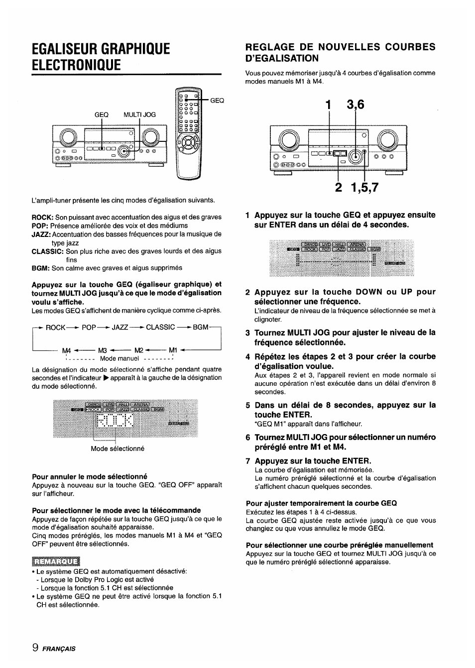 Egaliseur graphique electronique, Pour annuler le mode sélectionné, Pour sélectionner le mode avec la télécommande | Reglage de nouvelles courbes d’egalisation, Pour ajuster temporairement la courbe geq | Aiwa AV-D35 User Manual | Page 50 / 64