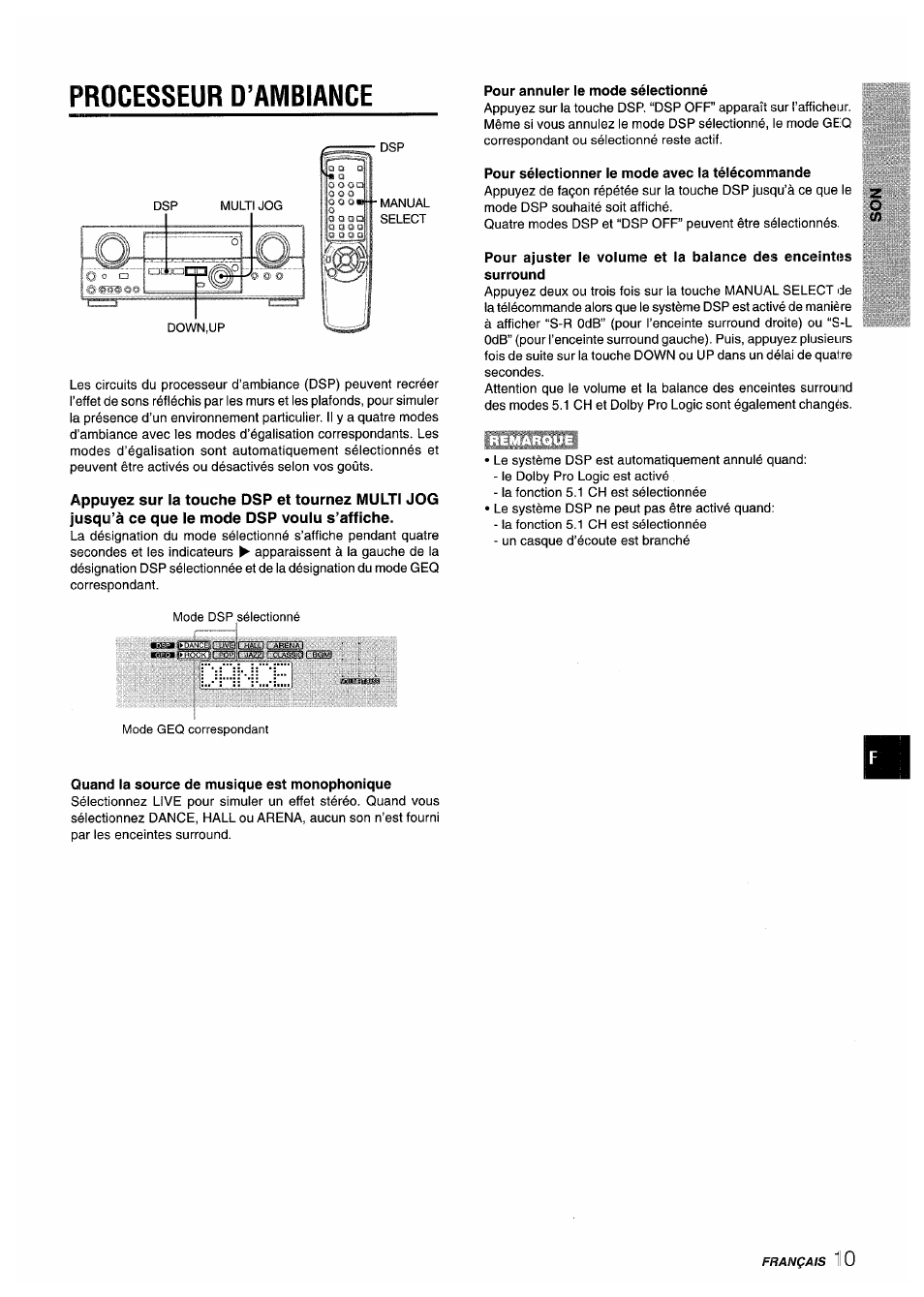 Processeur d’ambiance, Pour annuler le mode sélectionné, Pour sélectionner le mode avec la télécommande | Quand la source de musique est monophonique | Aiwa AV-D35 User Manual | Page 51 / 64