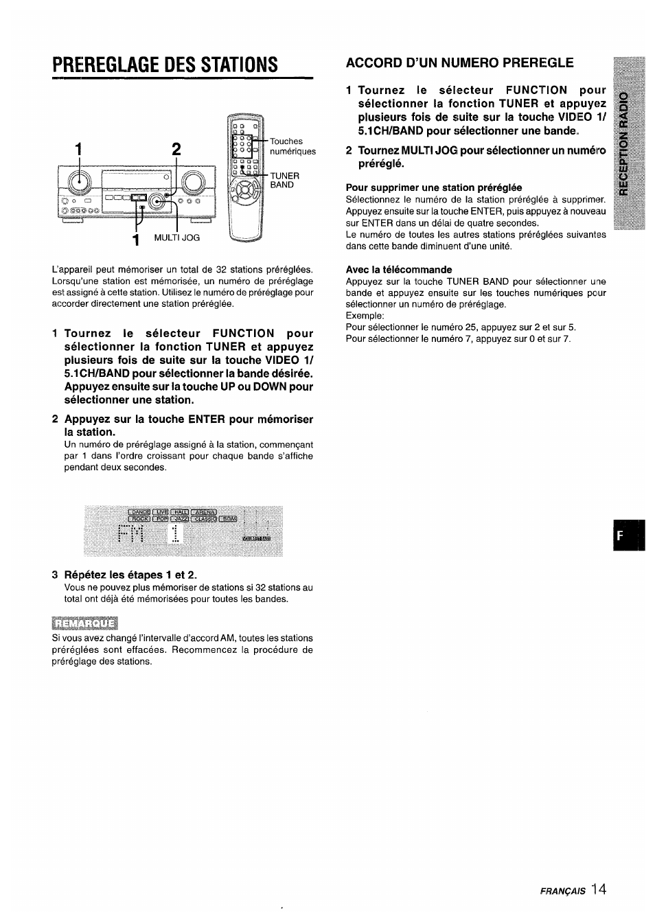 Prereglage des stations, Accord d’un numero preregle, Pour supprimer une station préréglée | Avec la télécommande | Aiwa AV-D35 User Manual | Page 55 / 64