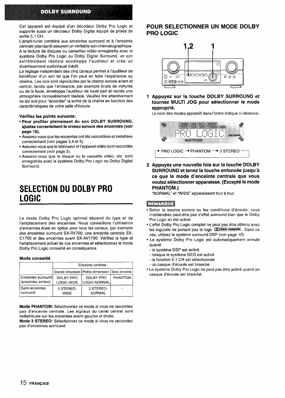Vérifiez les points suivants, Selection du dolby pro logic, Pour selectionner un mode dolby pro logic | Aiwa AV-D35 User Manual | Page 56 / 64