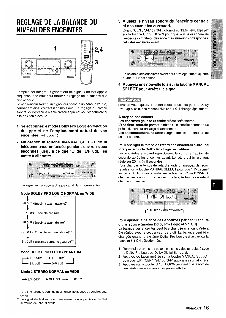 Reglage de la balance du niveau des enceintes, Mode dolby pro logic phantom, S-l odb* 2mode 3 stereo normal ou wide | A propos des canaux | Aiwa AV-D35 User Manual | Page 57 / 64