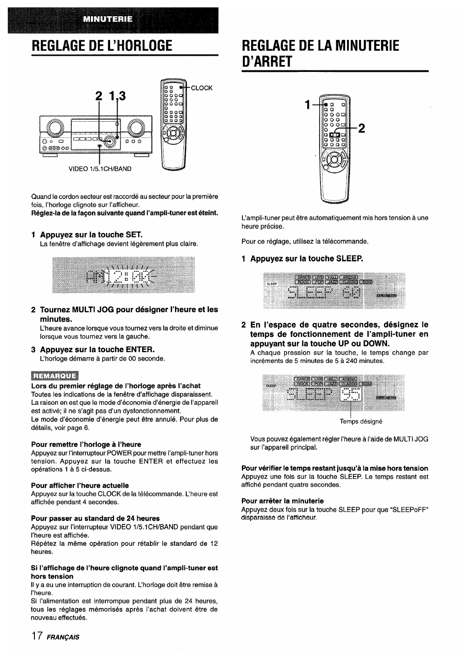 Reglage de la minuterie d’arret, 1 appuyez sur la touche set, 3 appuyez sur la touche enter | 1 appuyez sur la touche sleep, Lors du premier réglage de l’horloge après l’achat, Pour remettre l’horloge à l’heure, Pour afficher l’heure actuelle, Pour passer au standard de 24 heures, Pour arrêter la minuterie | Aiwa AV-D35 User Manual | Page 58 / 64