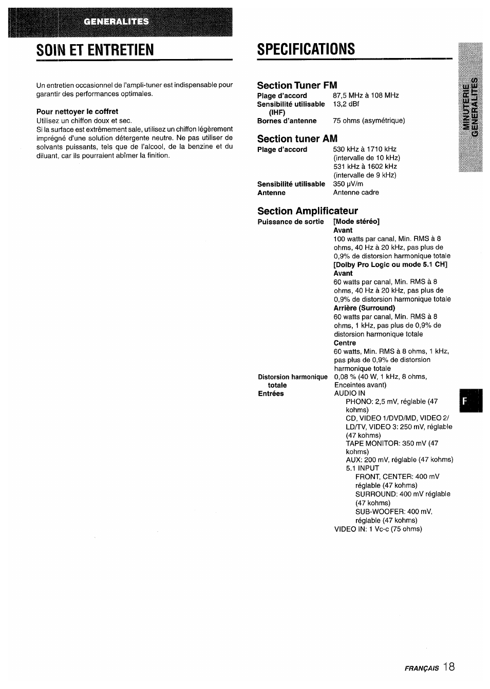 Soin et entretien, Pour nettoyer le coffret, Section tuner fm | Section tuner am, Section amplificateur, Soin et entretien specifications | Aiwa AV-D35 User Manual | Page 59 / 64