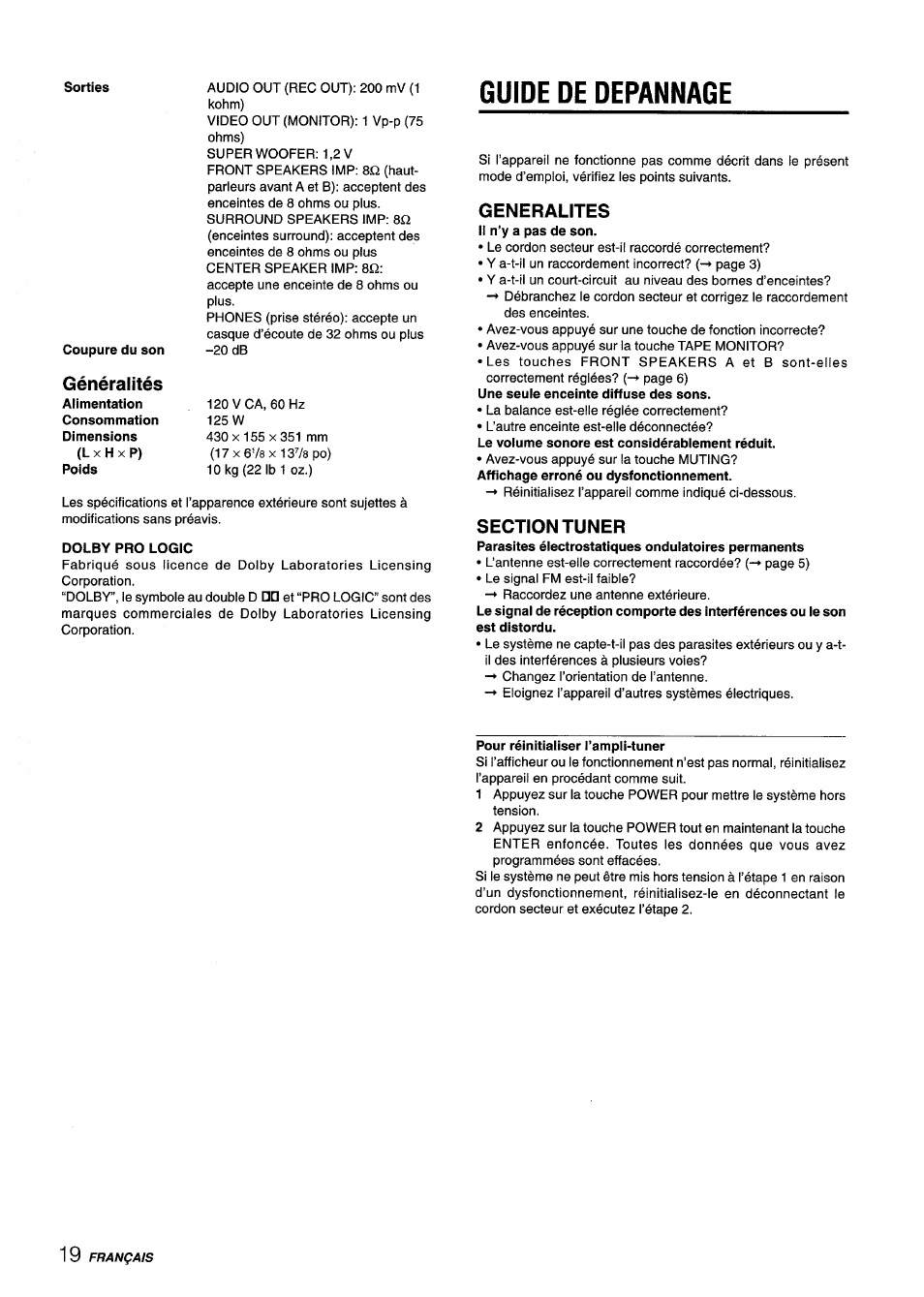 Guide de depannage, Dolby pro logic, Generalites | Section tuner, Pour réinitialiser l’ampli-tuner, Généralités | Aiwa AV-D35 User Manual | Page 60 / 64