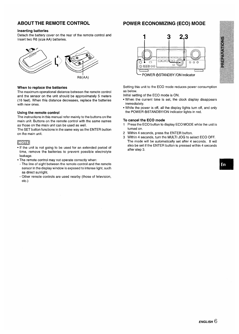 About the remote control, Power economizing (eco) mode, When to replace the batteries | Using the remote control, To cancel the eco mode | Aiwa AV-D35 User Manual | Page 7 / 64