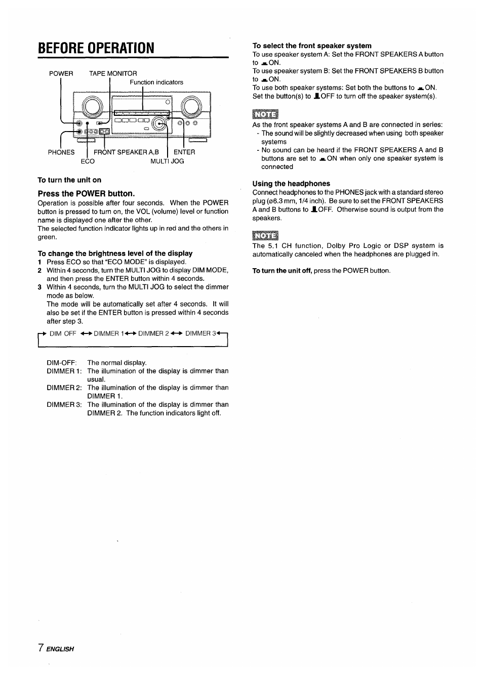 Before operation, To turn the unit on, Press the power button | To change the brightness level of the display, To select the front speaker system, Using the headphones | Aiwa AV-D35 User Manual | Page 8 / 64