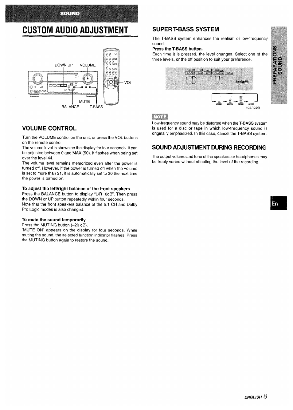 Custom audio adjustment, Super t-bass system, Volume control | To mute the sound temporarily, Sound adjustment during recording, Code | Aiwa AV-D35 User Manual | Page 9 / 64