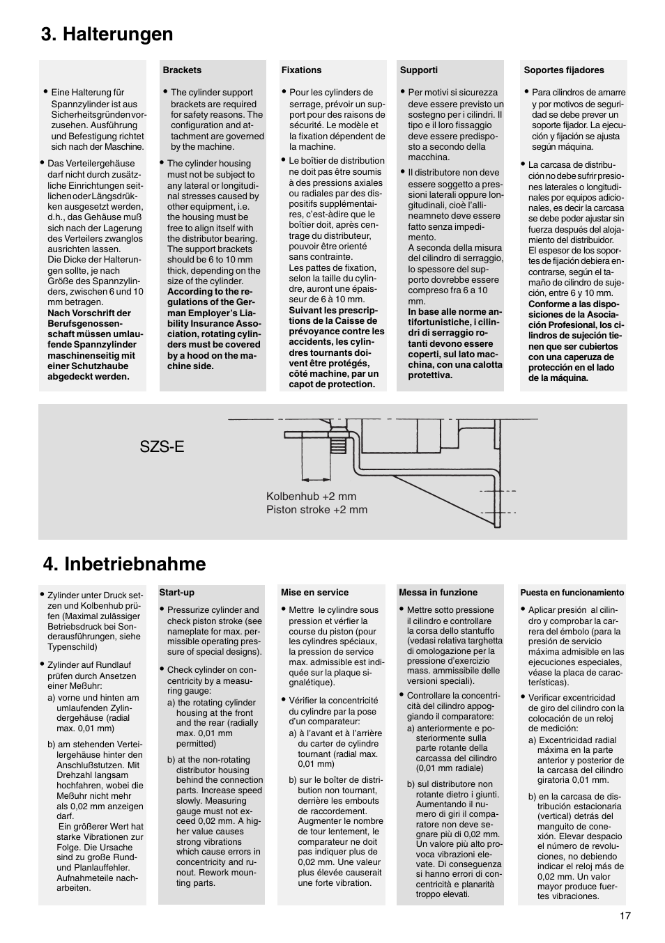 Inbetriebnahme, Halterungen, Szs-e | ROHM SZS-E - Oil operated actuating cylinders with through-hole User Manual | Page 17 / 22