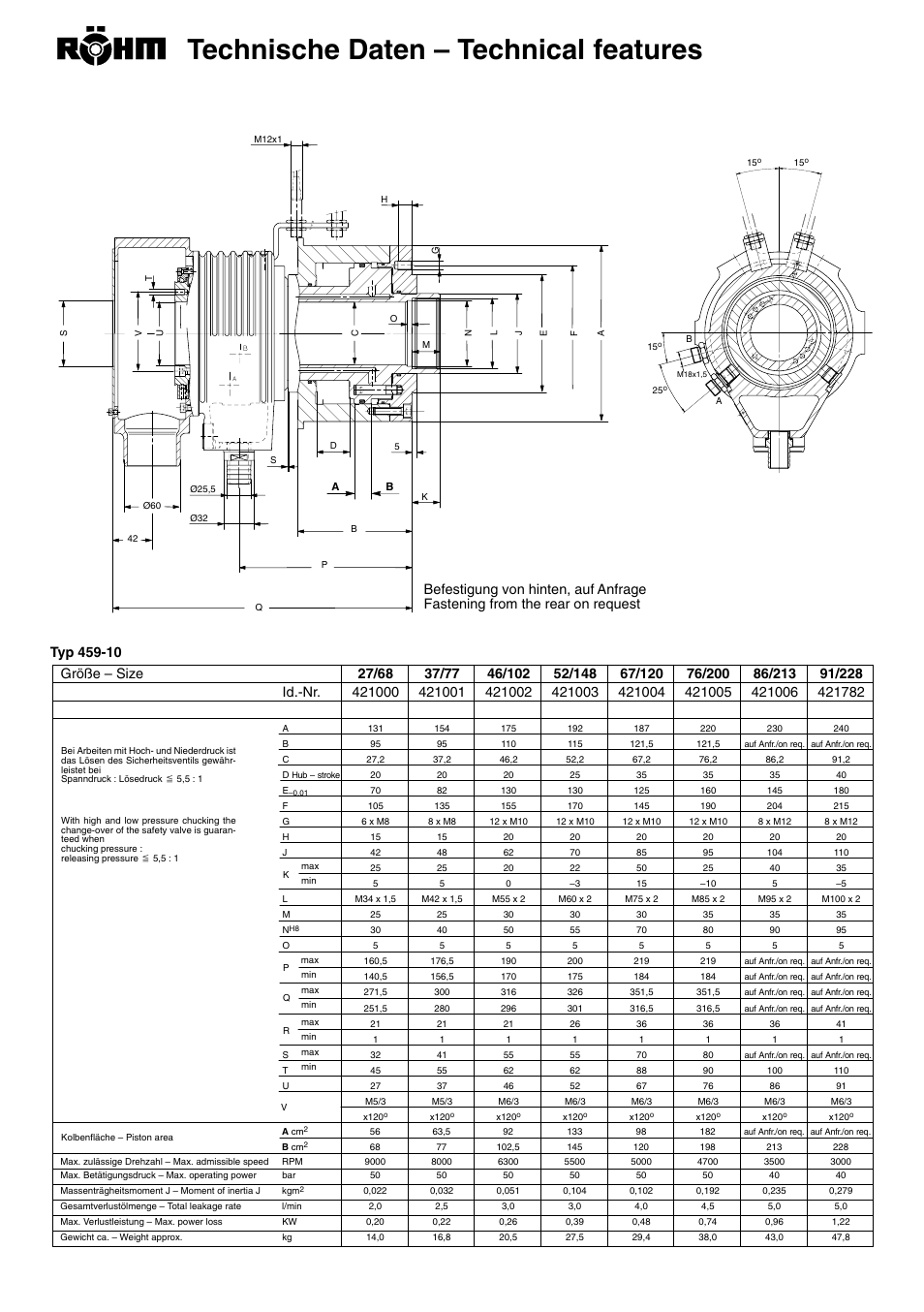 Technische daten – technical features, Befestigung von hinten, auf anfrage, Fastening from the rear on request | ROHM SZS-E - Oil operated actuating cylinders with through-hole User Manual | Page 21 / 22