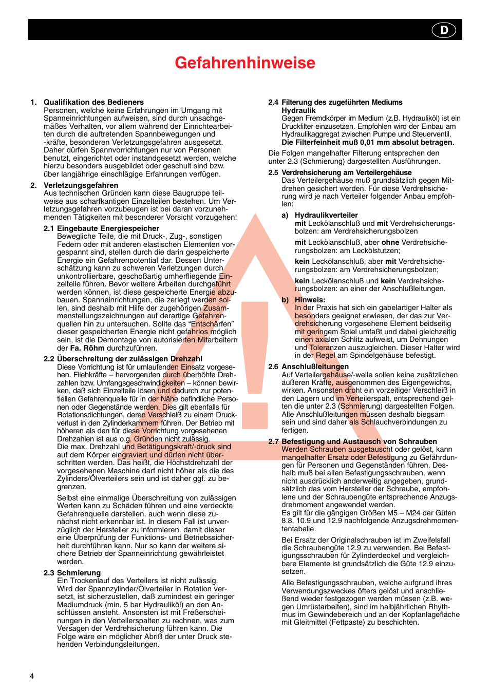 Gefahrenhinweise | ROHM SZS-E - Oil operated actuating cylinders with through-hole User Manual | Page 4 / 22