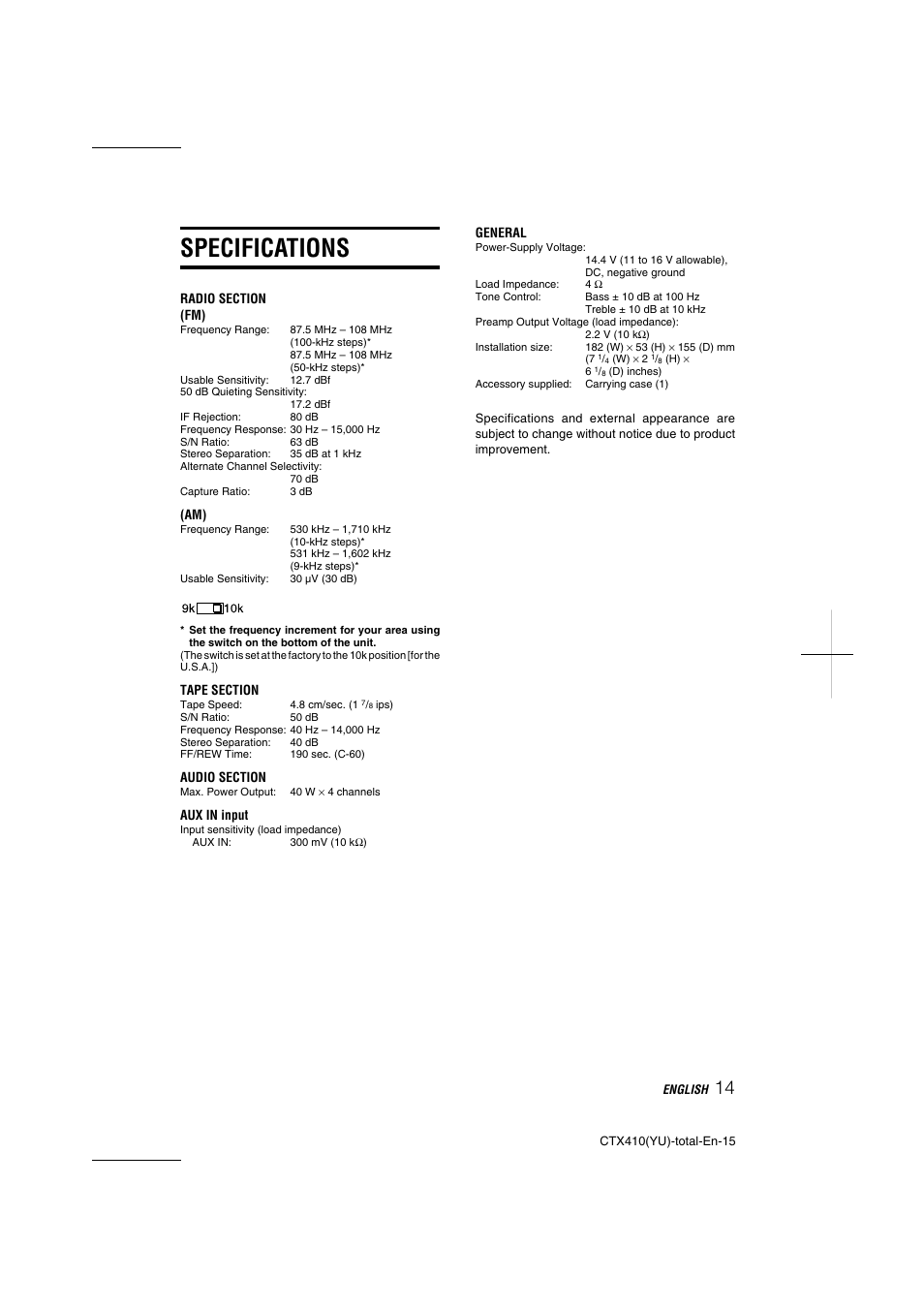 Specifications | Aiwa CT-X410 YU User Manual | Page 15 / 44