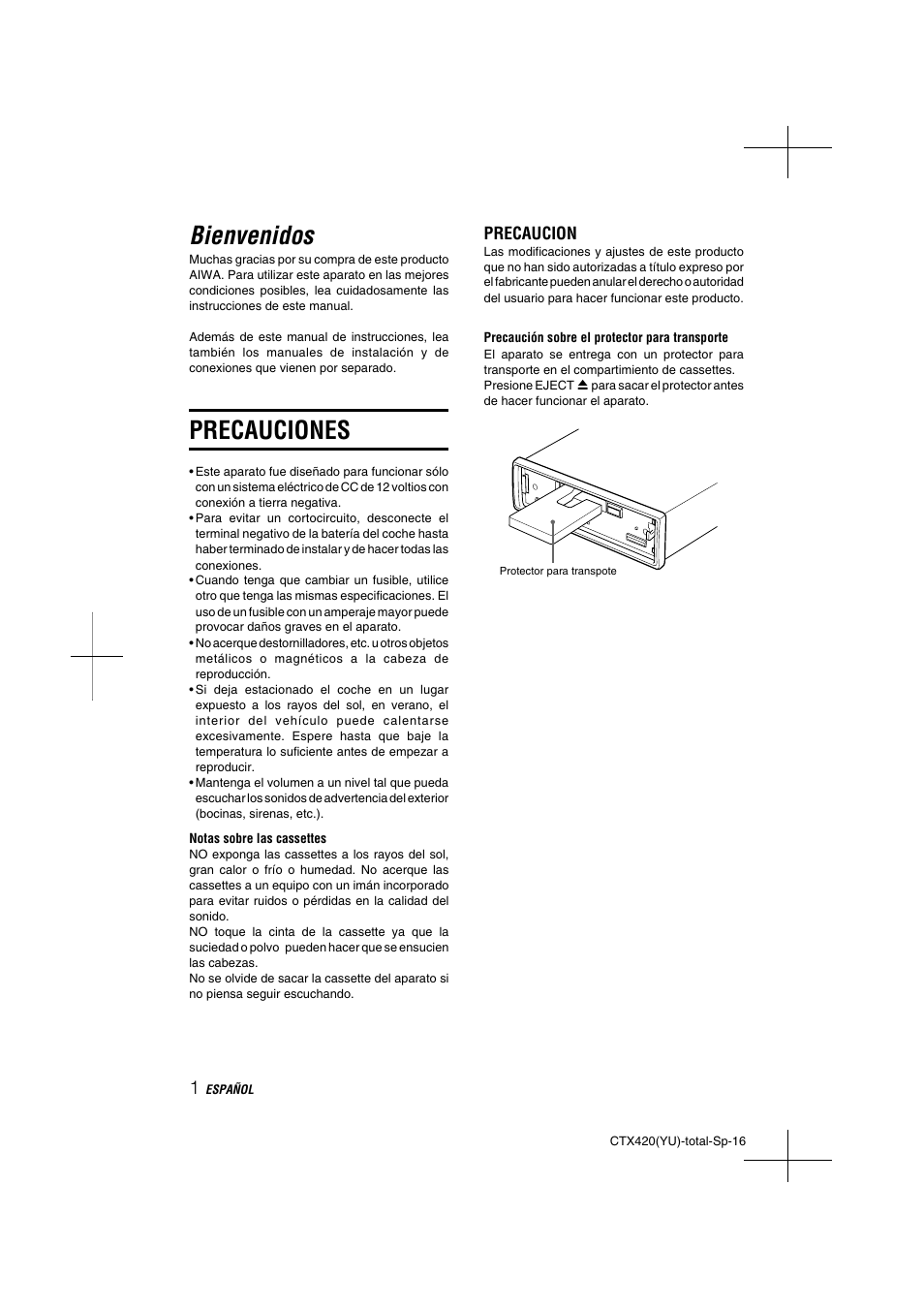 Bienvenidos, Precauciones, Precaucion | Aiwa CT-X410 YU User Manual | Page 16 / 44
