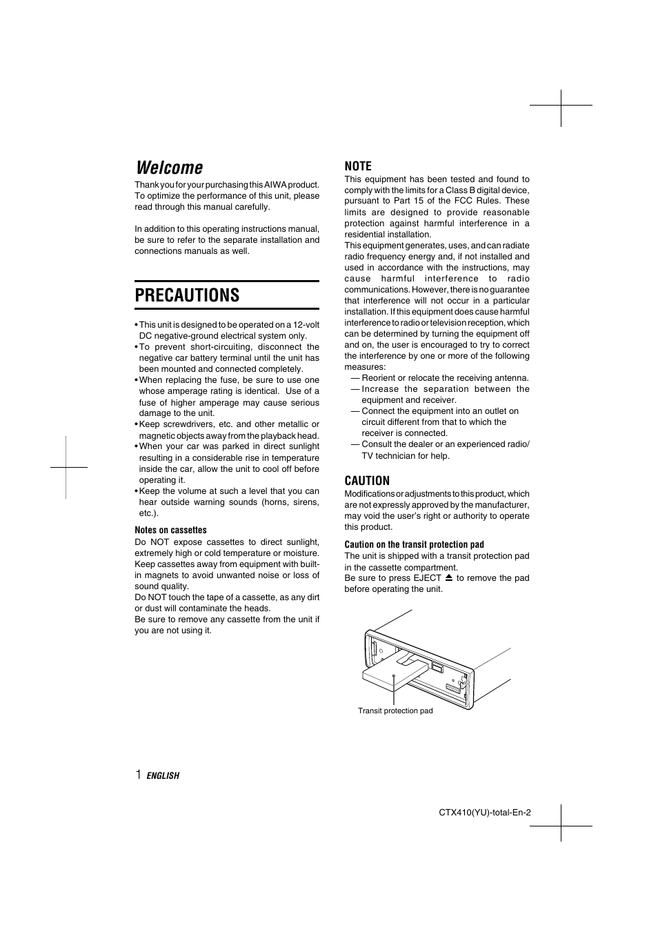 Welcome, Precautions, Caution | Aiwa CT-X410 YU User Manual | Page 2 / 44