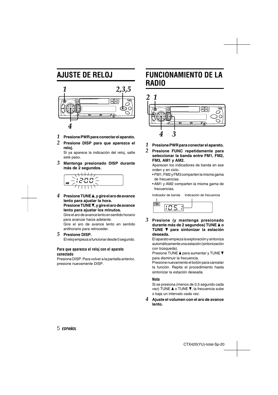 Ajuste de reloj, Funcionamiento de la radio | Aiwa CT-X410 YU User Manual | Page 20 / 44