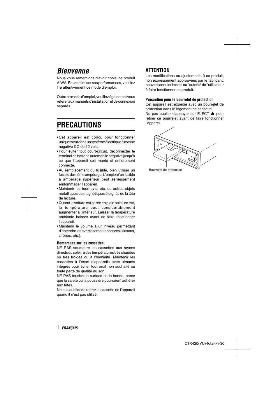 Bienvenue, Precautions, Attention | Aiwa CT-X410 YU User Manual | Page 30 / 44