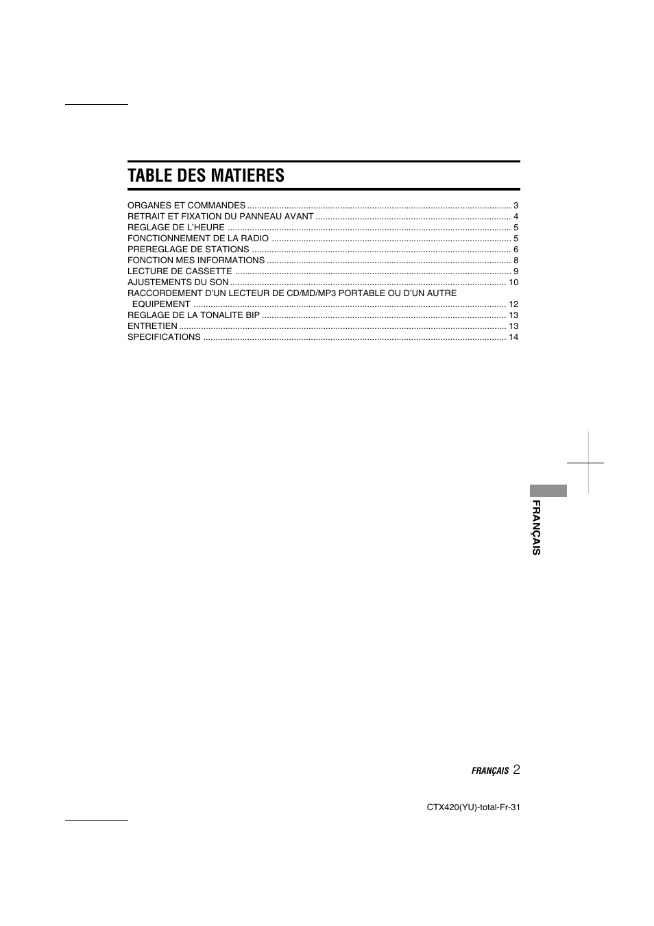 Table des matieres | Aiwa CT-X410 YU User Manual | Page 31 / 44