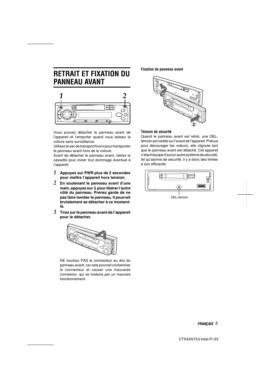 Retrait et fixation du panneau avant | Aiwa CT-X410 YU User Manual | Page 33 / 44