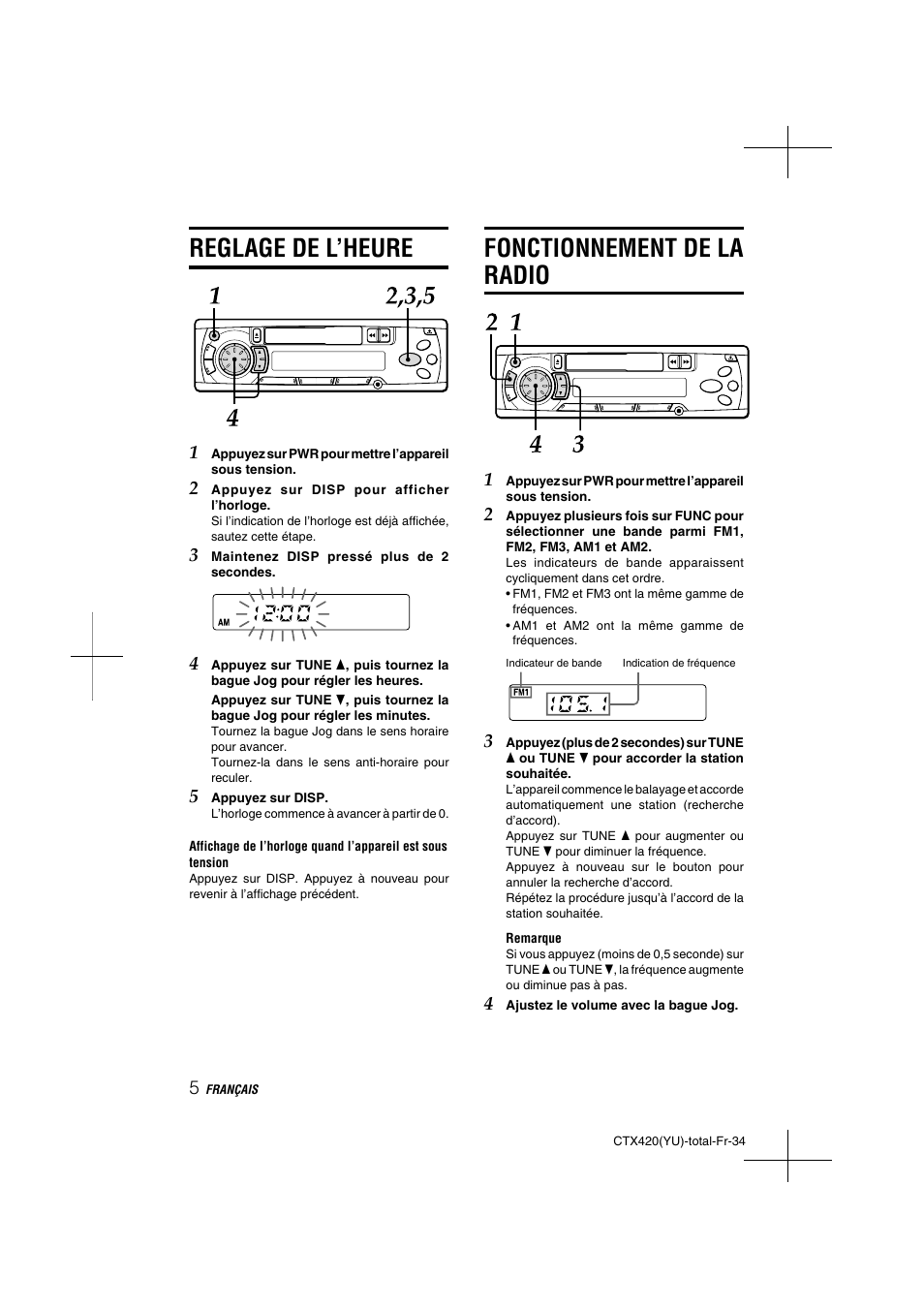 Reglage de l’heure, Fonctionnement de la radio | Aiwa CT-X410 YU User Manual | Page 34 / 44