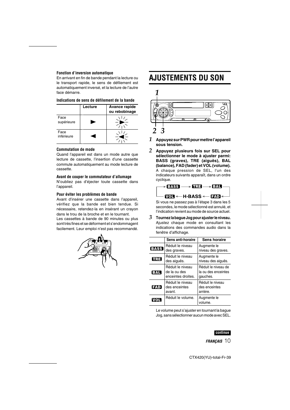 Ajustements du son | Aiwa CT-X410 YU User Manual | Page 39 / 44