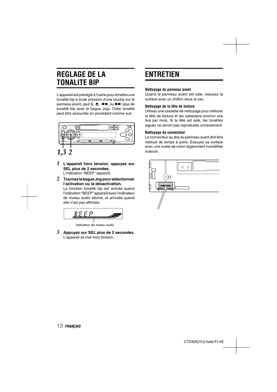 Entretien, Reglage de la tonalite bip | Aiwa CT-X410 YU User Manual | Page 42 / 44