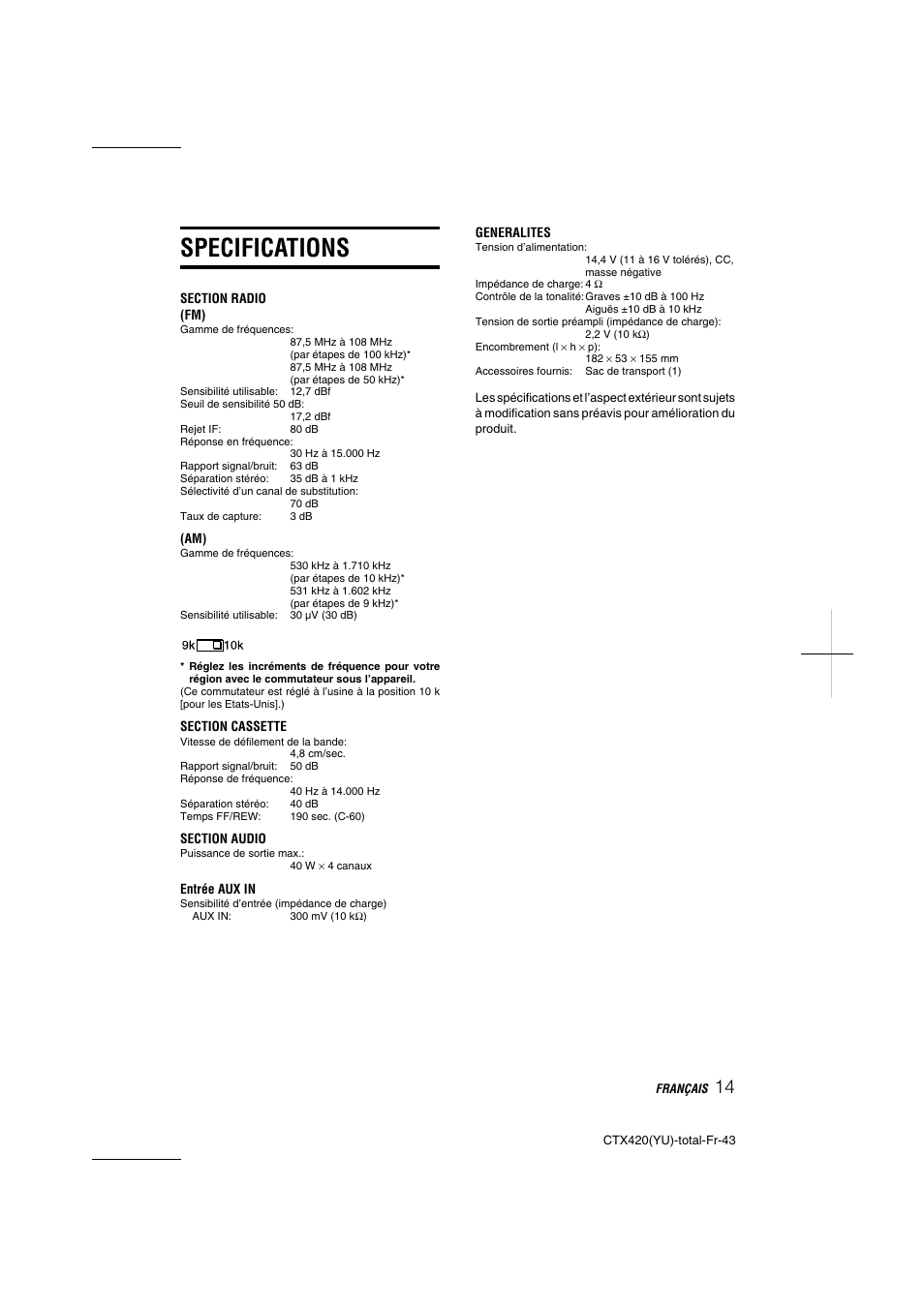 Specifications | Aiwa CT-X410 YU User Manual | Page 43 / 44