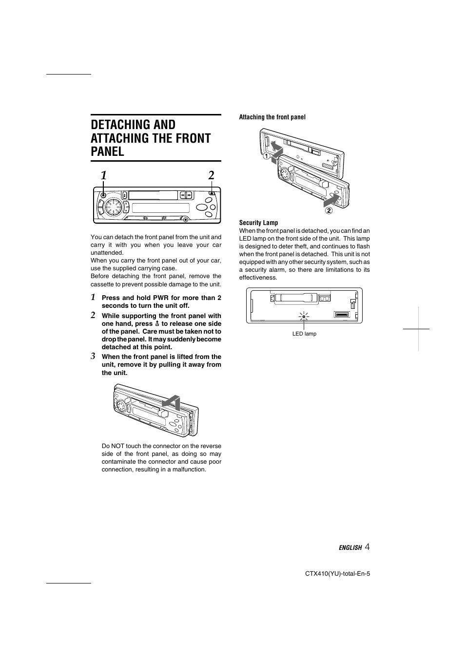 Detaching and attaching the front panel | Aiwa CT-X410 YU User Manual | Page 5 / 44