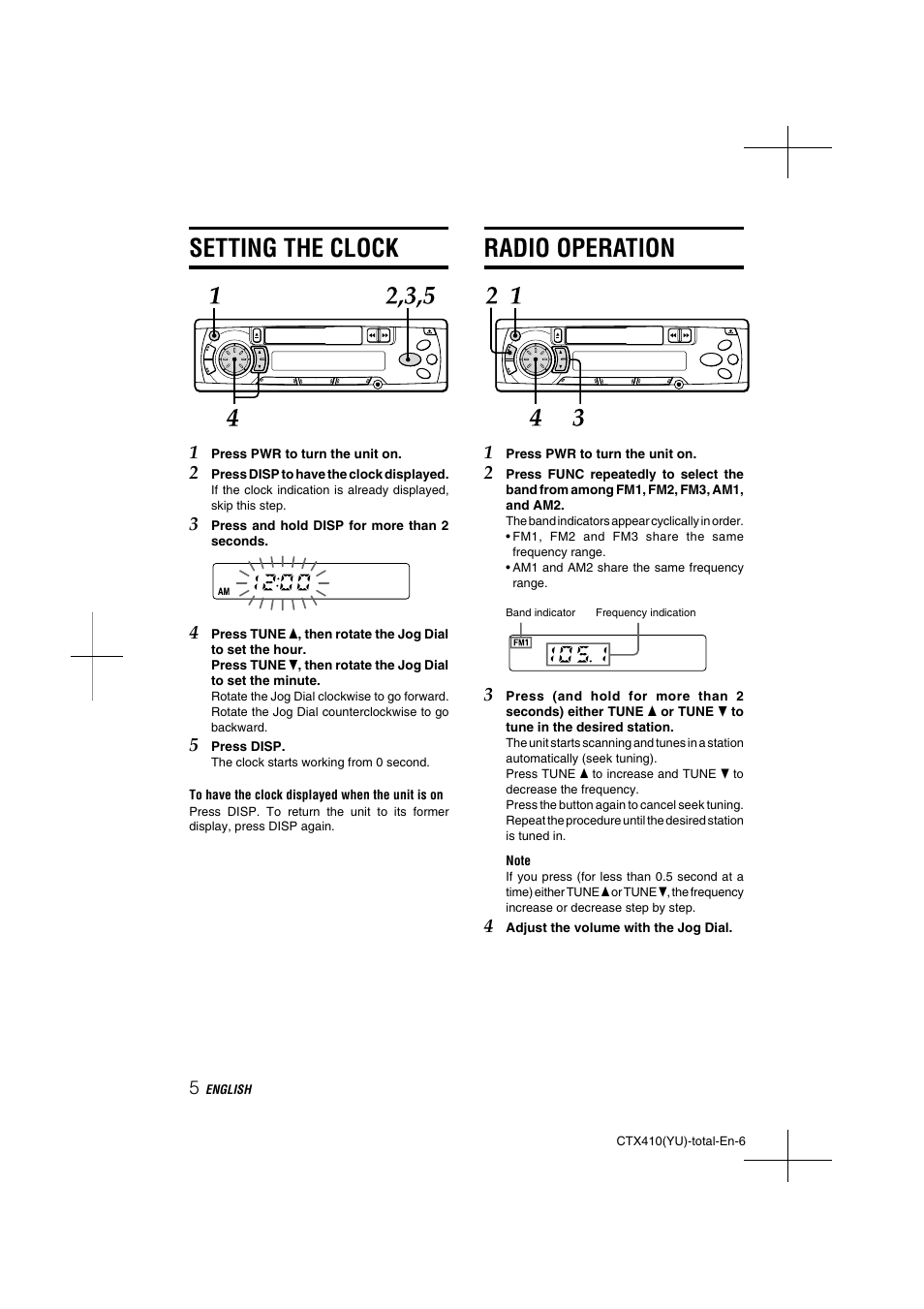 Setting the clock, Radio operation | Aiwa CT-X410 YU User Manual | Page 6 / 44