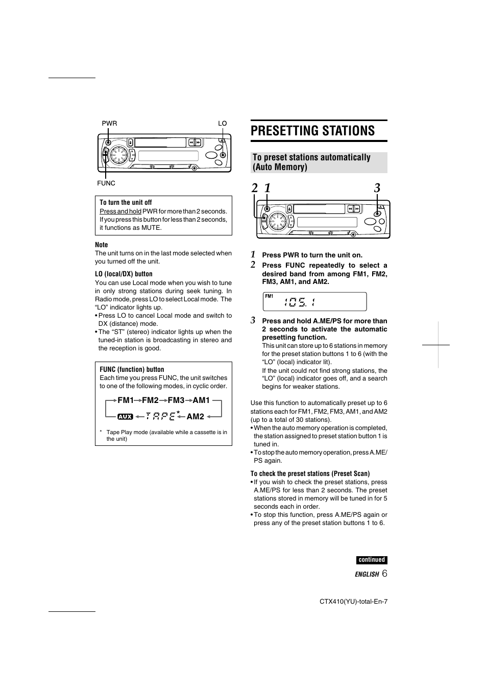 Presetting stations | Aiwa CT-X410 YU User Manual | Page 7 / 44