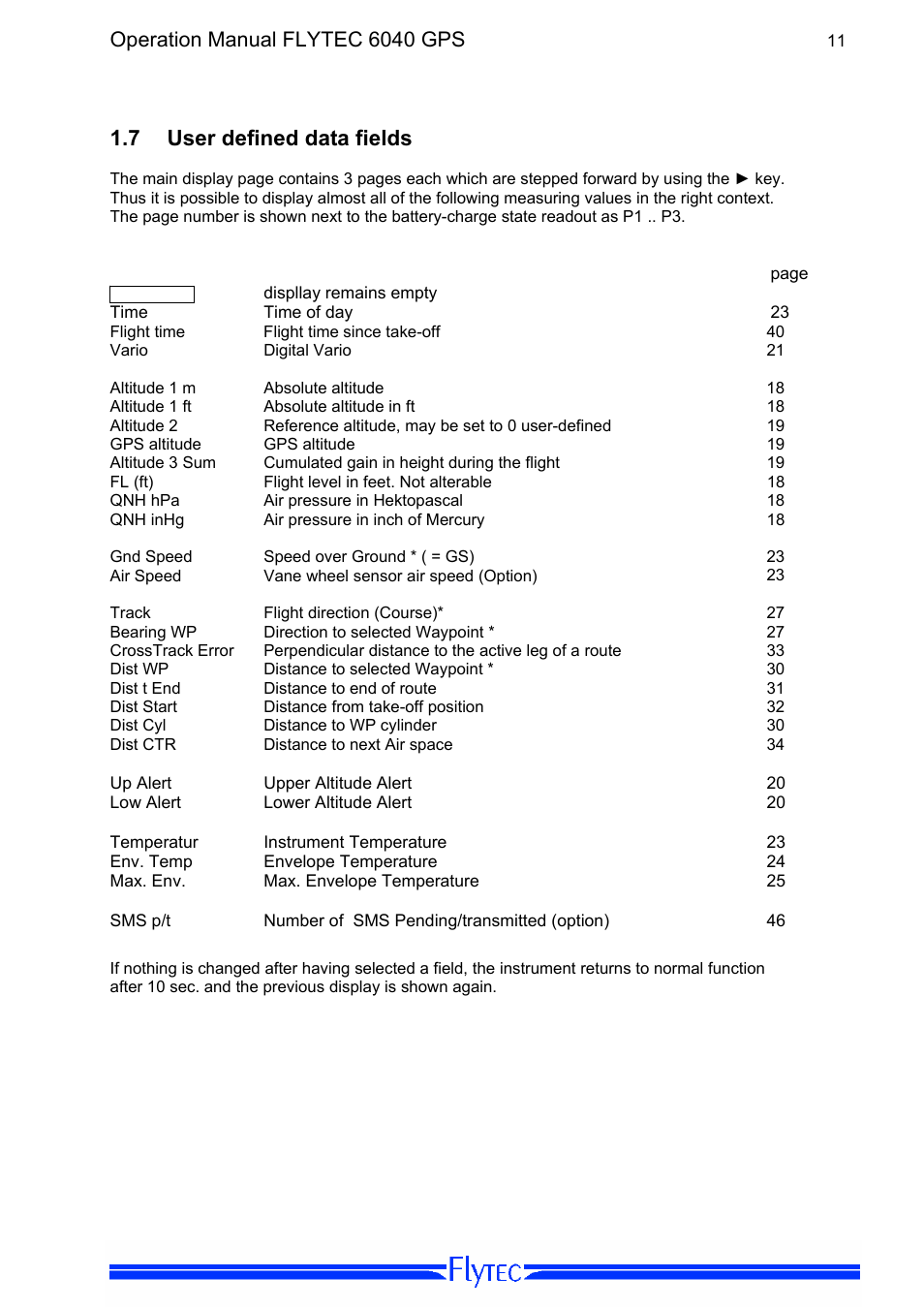 7 user defined data fields, User defined data fields, Operation manual flytec 6040 gps | Flytec 6040 * User Manual | Page 13 / 57