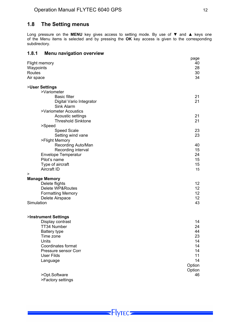 8 the setting menus, 1 menu navigation overview, The setting menus | Menu navigation overview, Operation manual flytec 6040 gps | Flytec 6040 * User Manual | Page 14 / 57