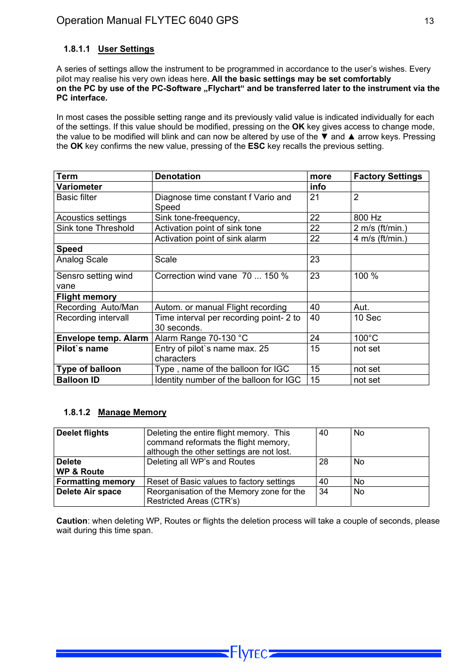 1 user settings, 2 manage memory, User settings | Manage memory, Operation manual flytec 6040 gps | Flytec 6040 * User Manual | Page 15 / 57