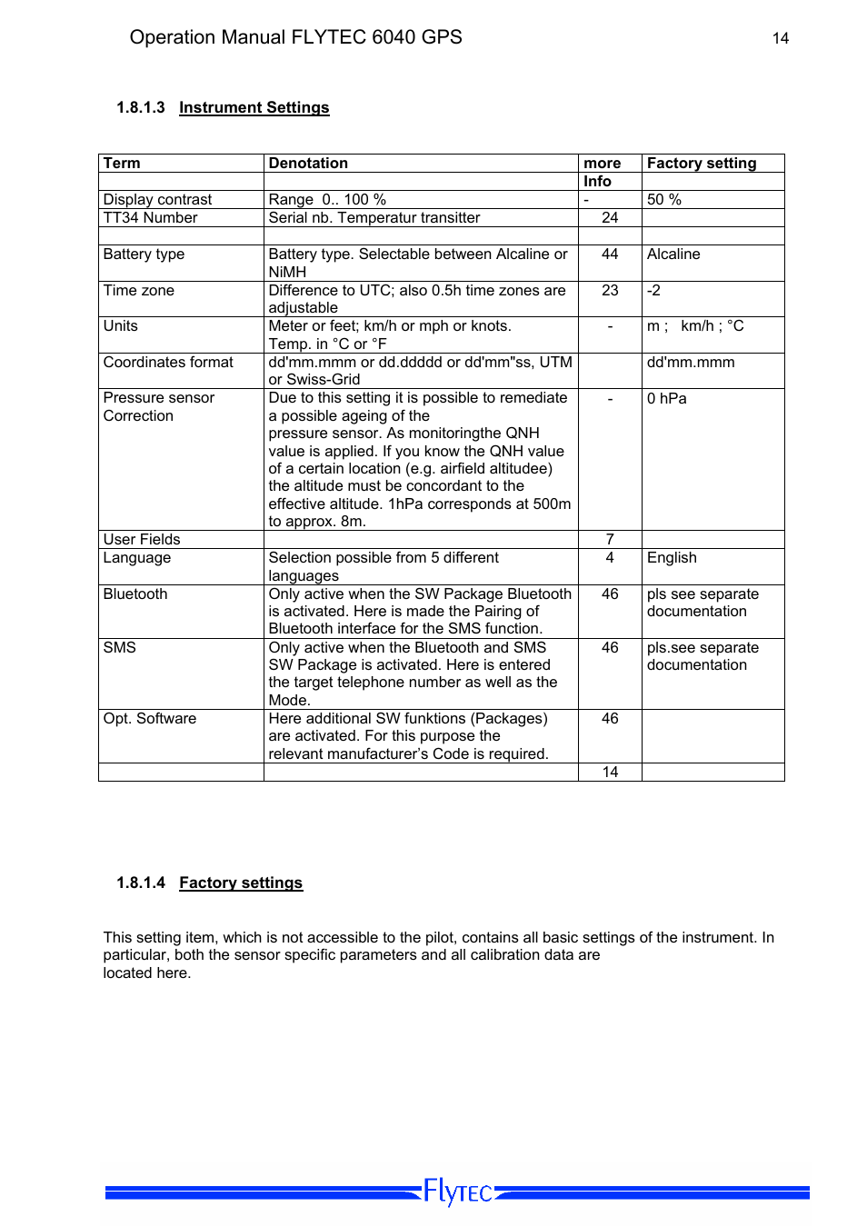 3 instrument settings, 4 factory settings, Instrument settings | Factory settings, Operation manual flytec 6040 gps | Flytec 6040 * User Manual | Page 16 / 57