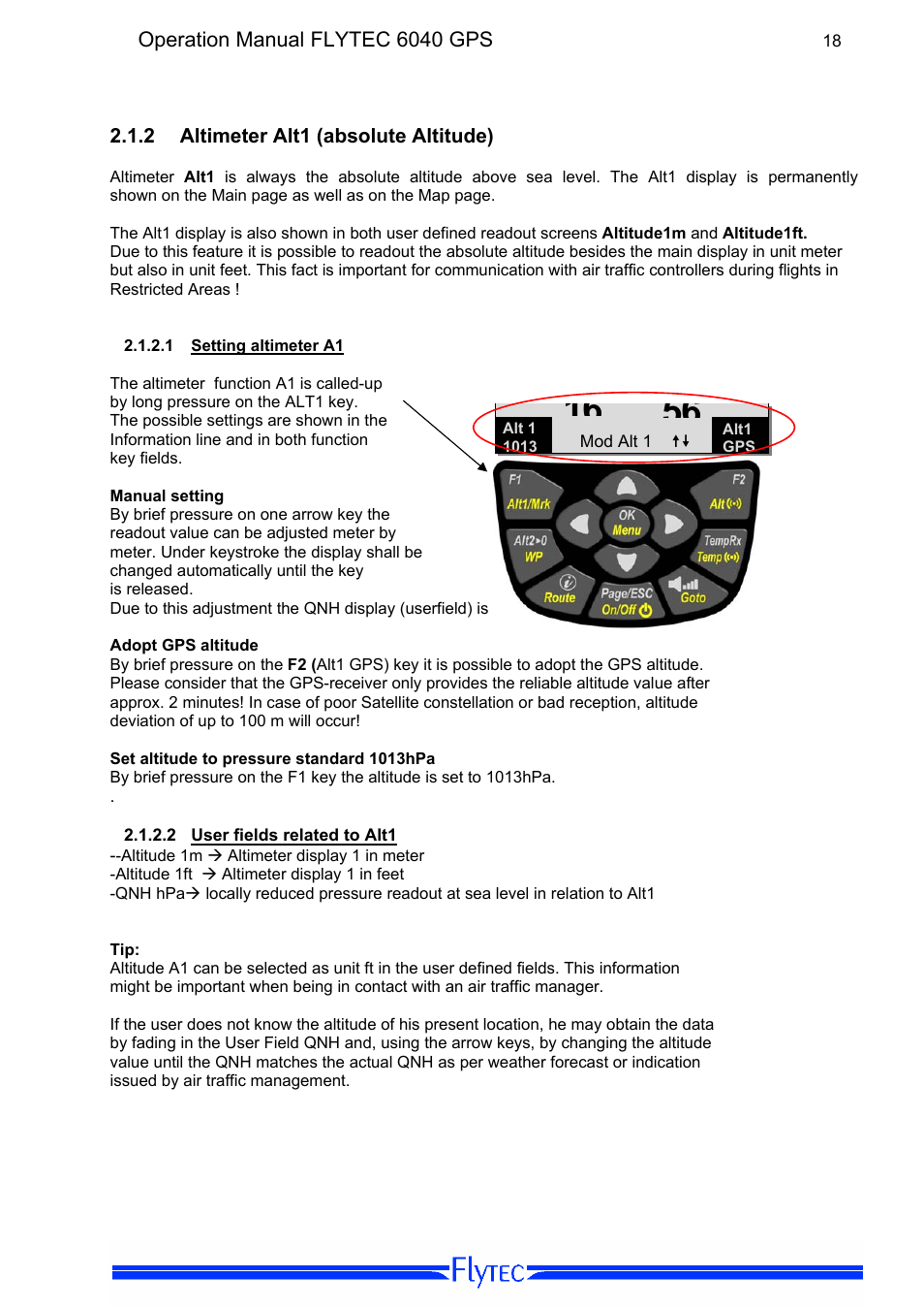 2 altimeter alt1 (absolute altitude), 1 setting altimeter a1, 2 user fields related to alt1 | Altimeter alt1 (absolute altitude), Setting altimeter a1, User fields related to alt1 | Flytec 6040 * User Manual | Page 20 / 57