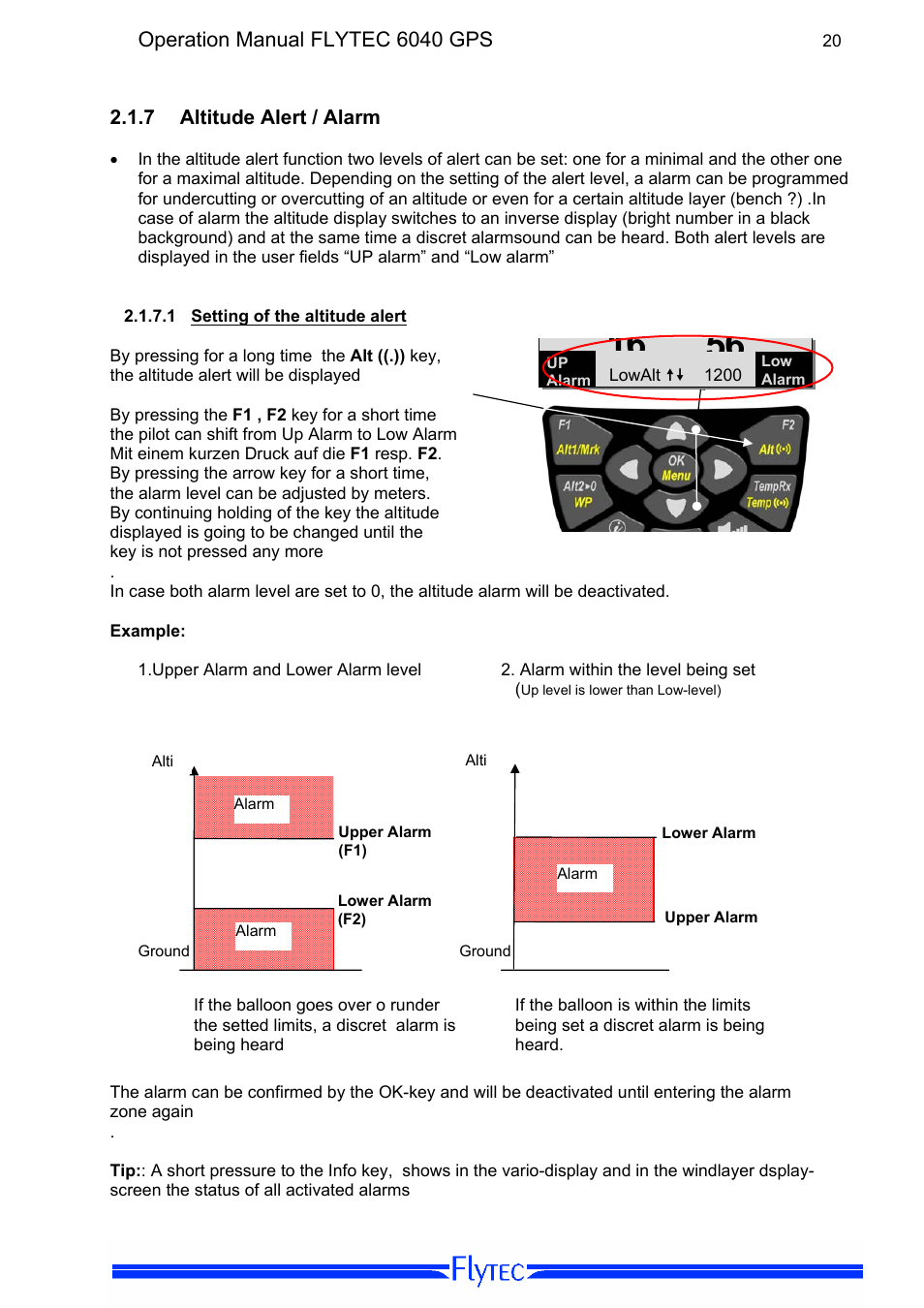 7 altitude alert / alarm, Setting of the altitude alert, Altitude alert / alarm | Flytec 6040 * User Manual | Page 22 / 57