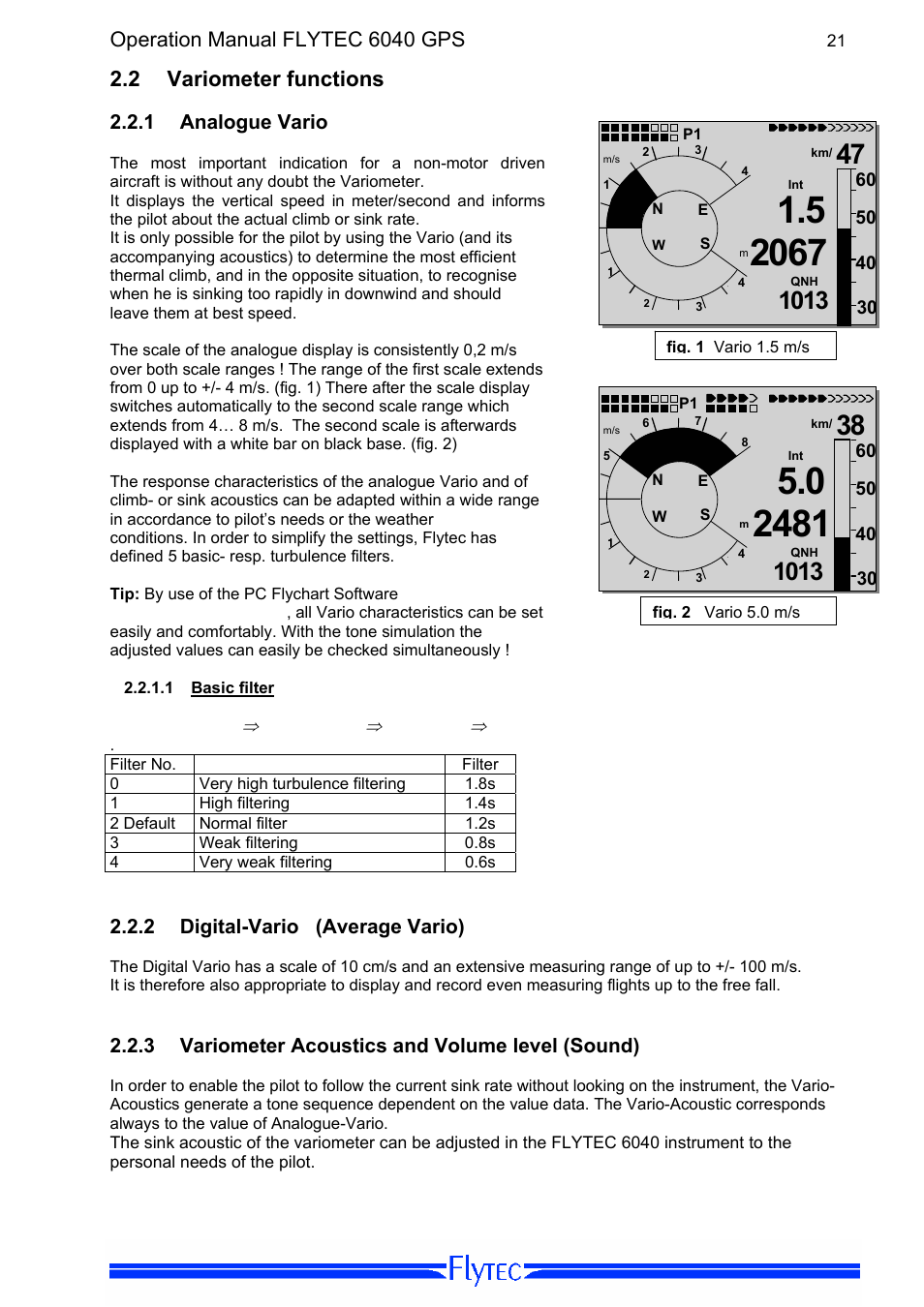 2 variometer functions, Analogue vario, 1 basic filter | 2 digital-vario (average vario), 3 variometer acoustics and volume level (sound), Variometer functions, Basic filter, Digital-vario (average vario), Variometer acoustics and volume level (sound), Operation manual flytec 6040 gps | Flytec 6040 * User Manual | Page 23 / 57