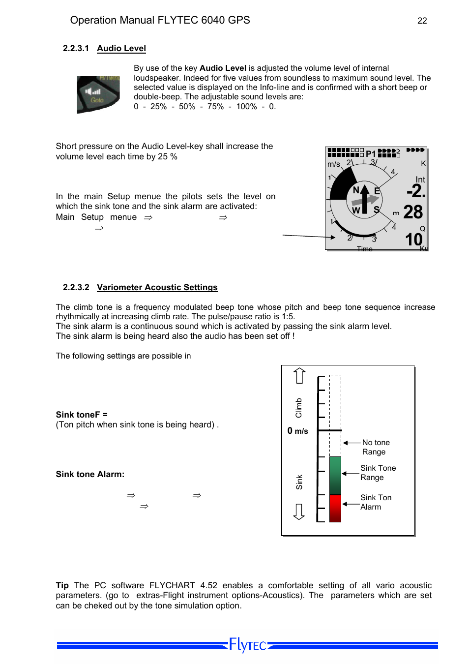 1 audio level, 2 variometer acoustic settings, Audio level | Variometer acoustic settings | Flytec 6040 * User Manual | Page 24 / 57