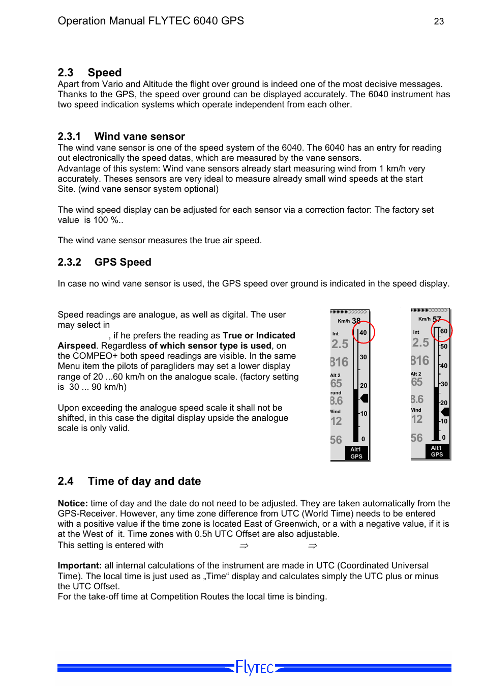 3 speed, 1 wind vane sensor, 2 gps speed | 4 time of day and date, Speed, Wind vane sensor, Gps speed, Time of day and date, Operation manual flytec 6040 gps | Flytec 6040 * User Manual | Page 25 / 57