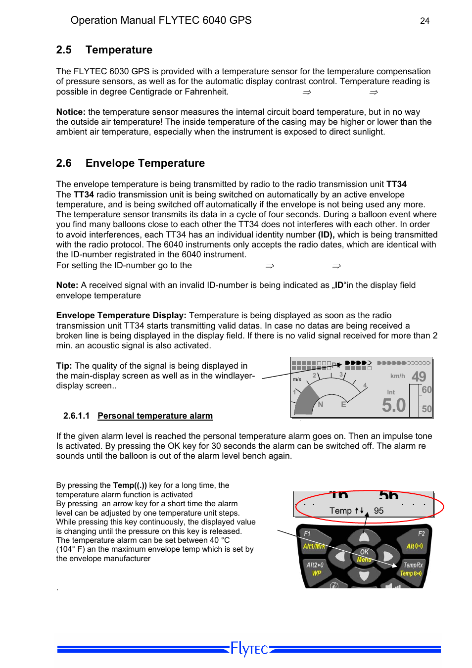 5 temperature, 6 envelope temperature, 1 personal temperature alarm | Temperature, Envelope temperature, Personal temperature alarm, 24 100°c | Flytec 6040 * User Manual | Page 26 / 57