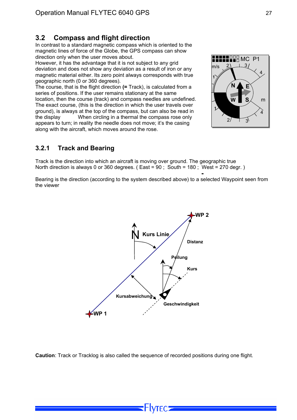 2 compass and flight direction, 1 track and bearing, Compass and flight direction | Track and bearing, Operation manual flytec 6040 gps | Flytec 6040 * User Manual | Page 29 / 57