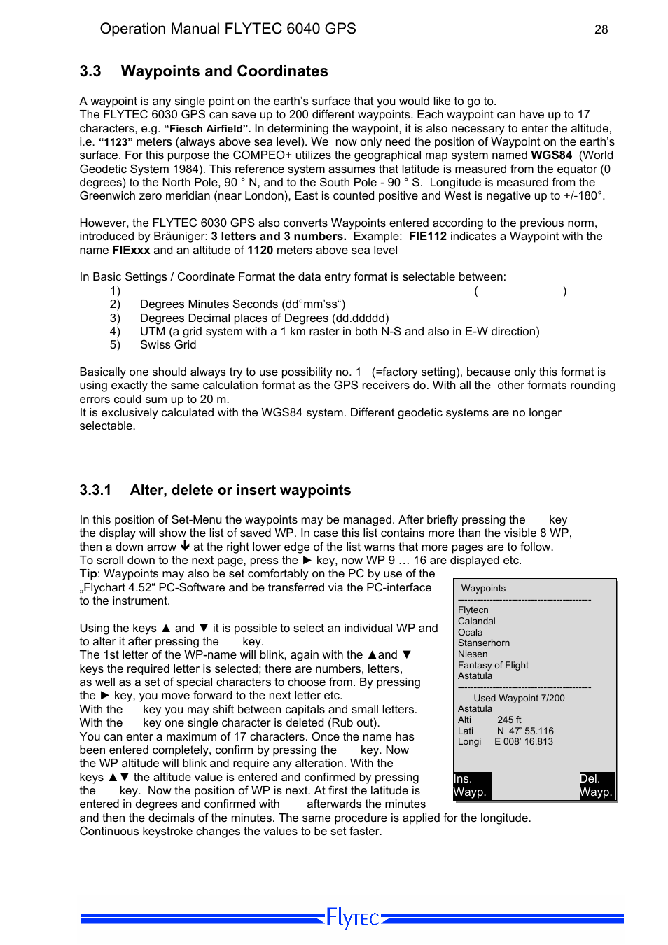 3 waypoints and coordinates, 1 alter, delete or insert waypoints, Waypoints and coordinates | Alter, delete or insert waypoints, 28 no, Operation manual flytec 6040 gps | Flytec 6040 * User Manual | Page 30 / 57