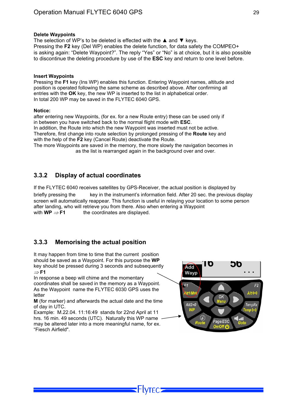 2 display of actual coordinates, 3 memorising the actual position, Display of actual coordinates | Memorising the actual position | Flytec 6040 * User Manual | Page 31 / 57